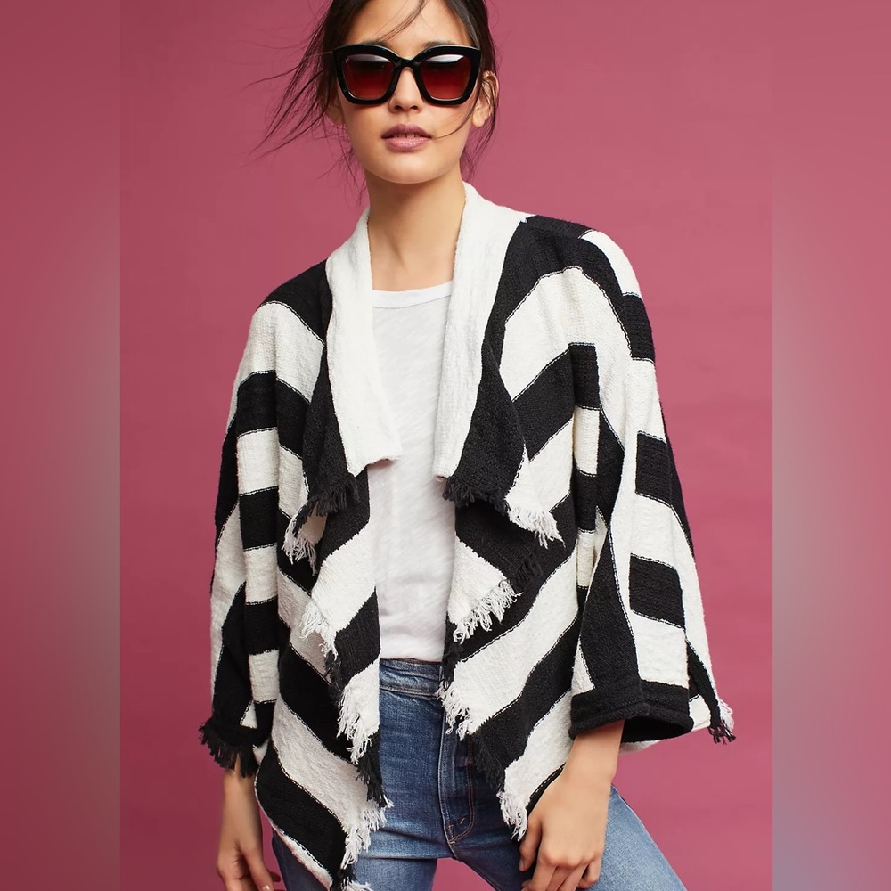 Anthropologie Moth Fringed & Striped black and white knit cardigan shawl style